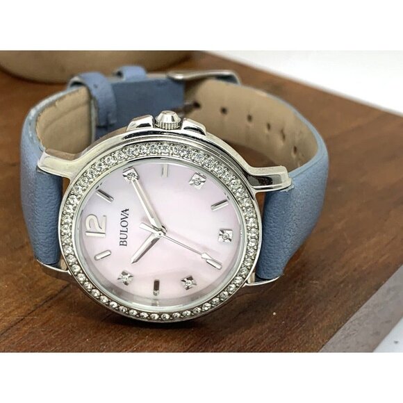 Bulova Women's Watch 96L254 Quartz Mother of Pearl Pink Dial Gemmed Leat… - Picture 7 of 13